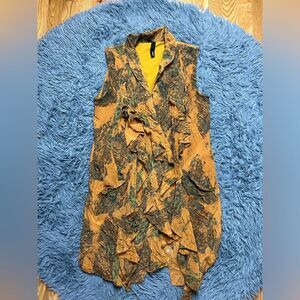 Edun Silk Marbled Brown Green Boho Ruffled Dress Size M